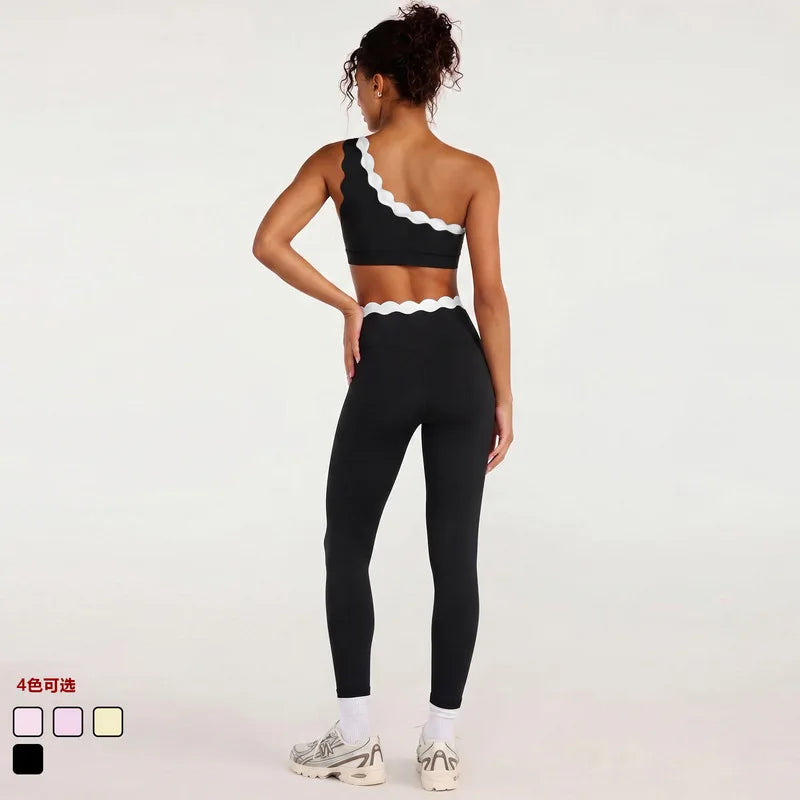 Women One Shoulder Lace Yoga Set High Waist Leggings Sports Bra 2 Piece Fitness Outfit Gym Workout Activewear