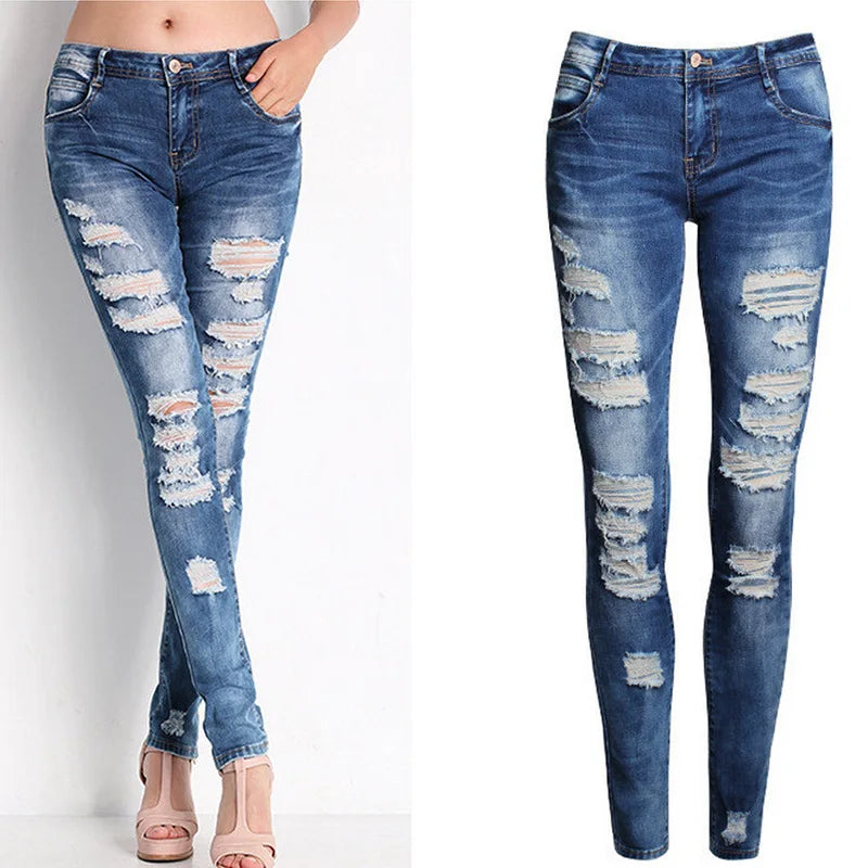 Distressed Skinny Jeans in Washed Blue