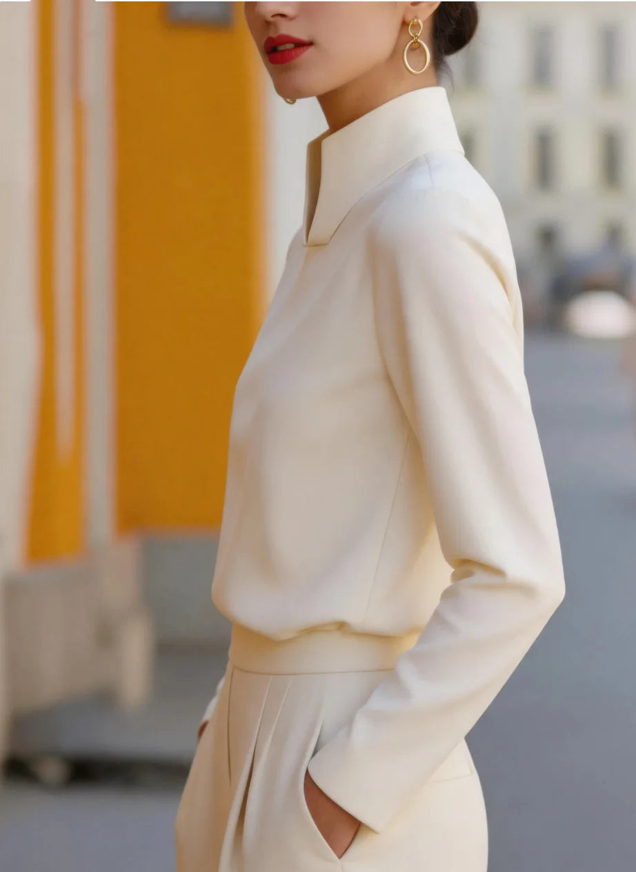 Women Split Stand Collar Long Sleeve Solid Blouse Loose Fit Elegant Formal Business Office Commuter Minimalist Top