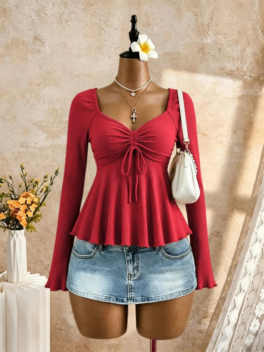 Women Square Neck Ruched Drawstring Bust Flare Long Sleeve Peplum Top Ribbed Knit Solid Black Slim Fit Casual Blouse
