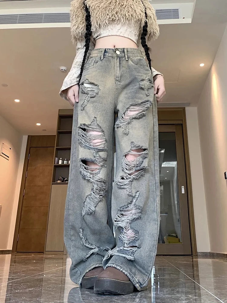 Y2K Hole Jeans Women Streetwear Vintage High Waist Loose Trousers Fall New Hip Hop Harajuku Bf Gothic Retro Wide Leg Denim Pant