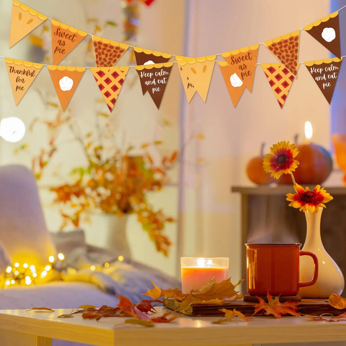 2026 Thanksgiving Fall Themed Pizz Pie Triangle Flag Decoration Autumn Harvest Halloween Pennant Party Fireplace Wall Home Decor