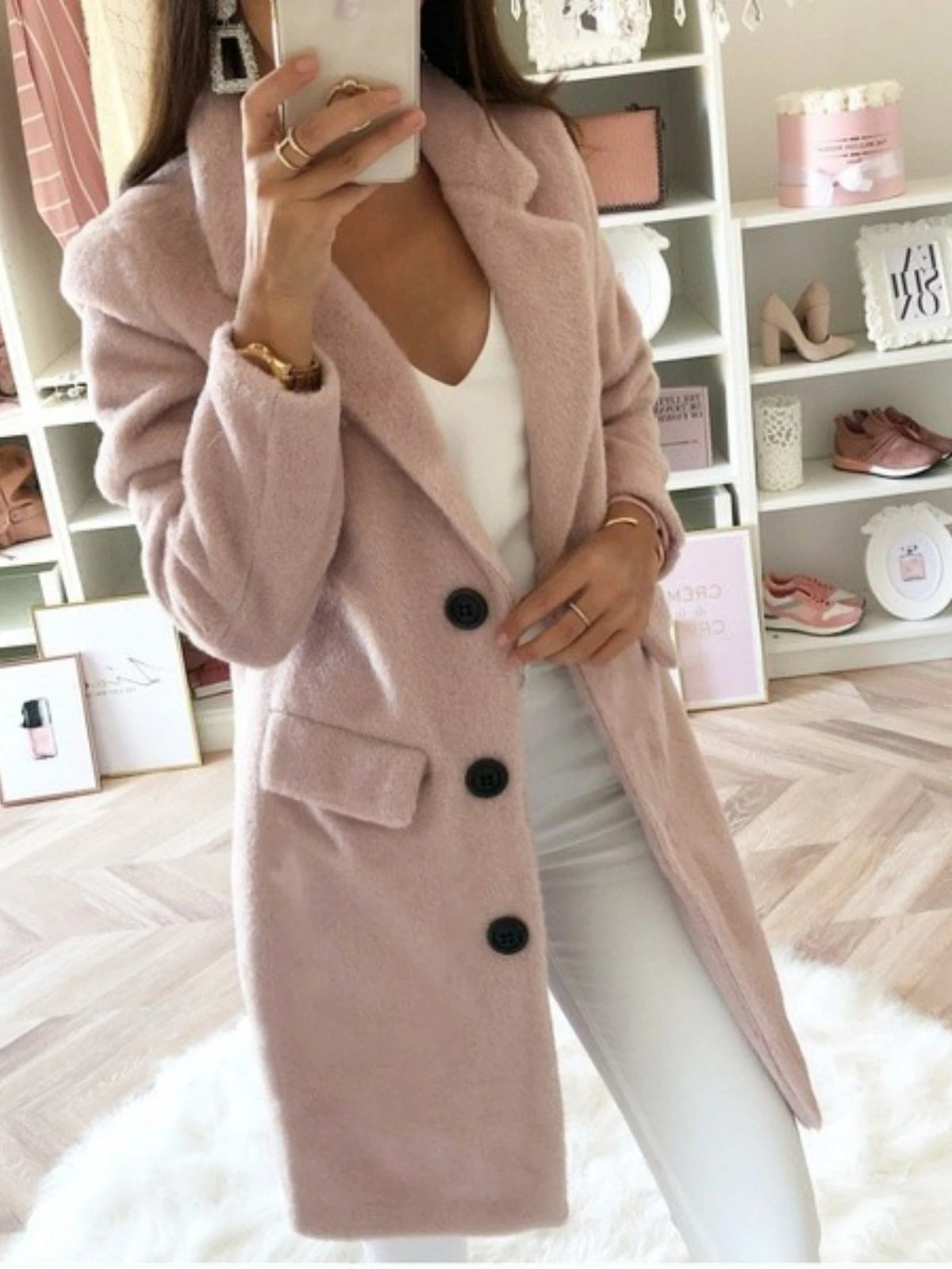 Women Notched Lapel Single Breasted Wool Blend Coat Long Sleeve Pocket Loose Mid Length Overcoat