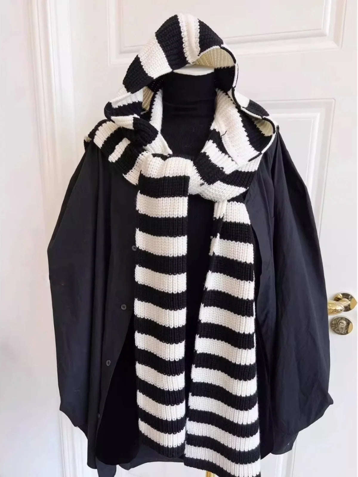 Women's Knitted Hat Scarf Shawl One-Piece Winter Warm Neck Protection Scarf Trendy Striped Design Autumn Winter New Style