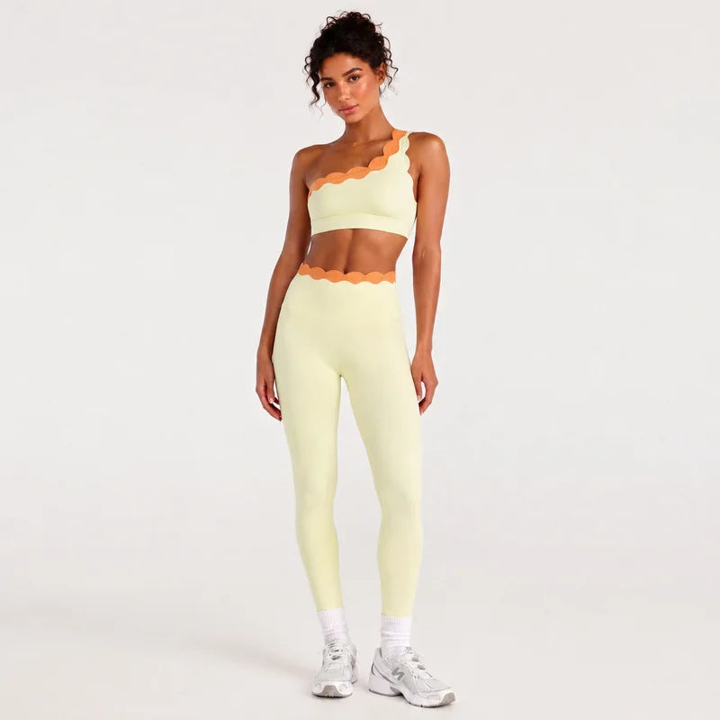 Women One Shoulder Lace Yoga Set High Waist Leggings Sports Bra 2 Piece Fitness Outfit Gym Workout Activewear