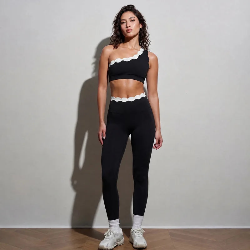 Women One Shoulder Lace Yoga Set High Waist Leggings Sports Bra 2 Piece Fitness Outfit Gym Workout Activewear