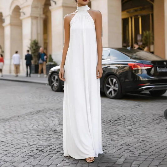 Chic Solid Color Halter Collar Floor Length Dress Female Formal Occasion Office Lady New