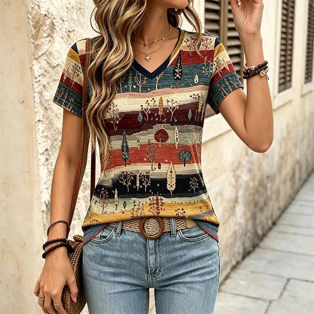 Bohemian Print V-Neck T-Shirt