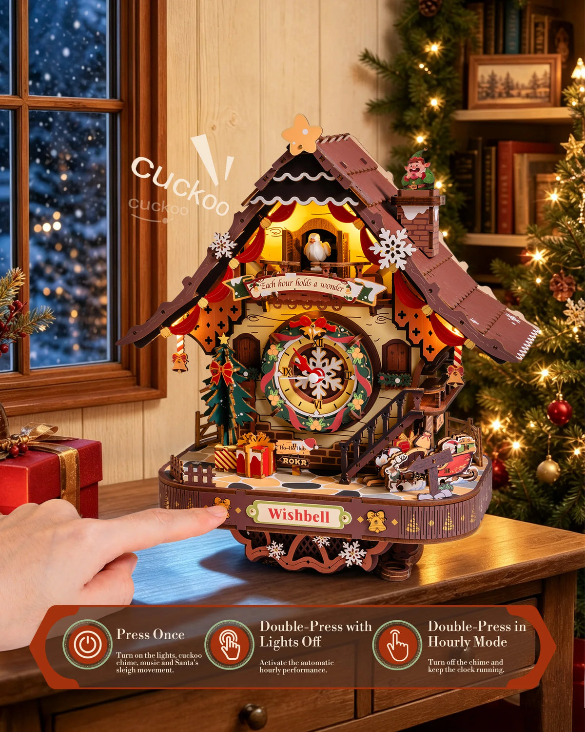 ROKR Wooden 3D Puzzle Toys - Christmas Cuckoo Clock Mechanical Model Building Kit 293PCS DIY Brain Teasers Toys for Wall Decor Holiday Gift for Adults Teens
