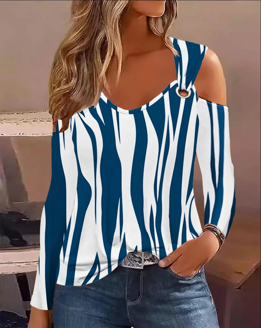 Women's Cold Shoulder Striped T Shirt Long Sleeve V Neck Casual Top Fashion Streetwear Chic Outfit