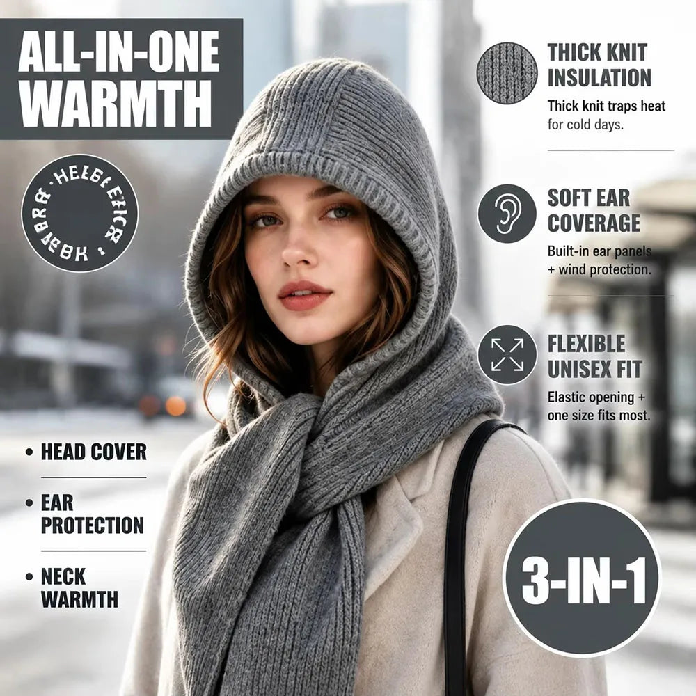 Knitted Hooded Scarf for Women Winter Warm Balaclava Hat Scarf 2 In 1 Neck Warmer Windproof Ear Cover Outdoor Fashion Headwear