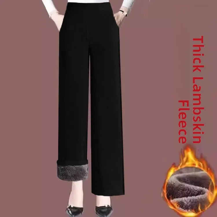 Thickened Fleece Autumn Winter Corduroy High Waist Wide Leg Pants Women's Fashionable And Warm Trousers for Middle-Aged And E...