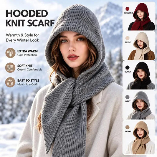 Knitted Hooded Scarf for Women Winter Warm Balaclava Hat Scarf 2 In 1 Neck Warmer Windproof Ear Cover Outdoor Fashion Headwear