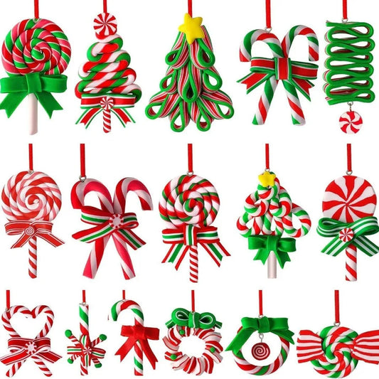 16Pcs Mini Christmas Candy Cane Ornaments Polymer Clay Peppermint Lollipop Pendants Xmas Tree Hanging Decor