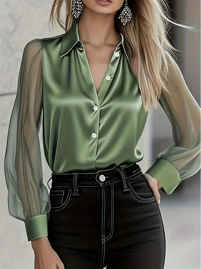 Autumn light luxury high-end long-sleeved versatile age-reducing satin shirt for women