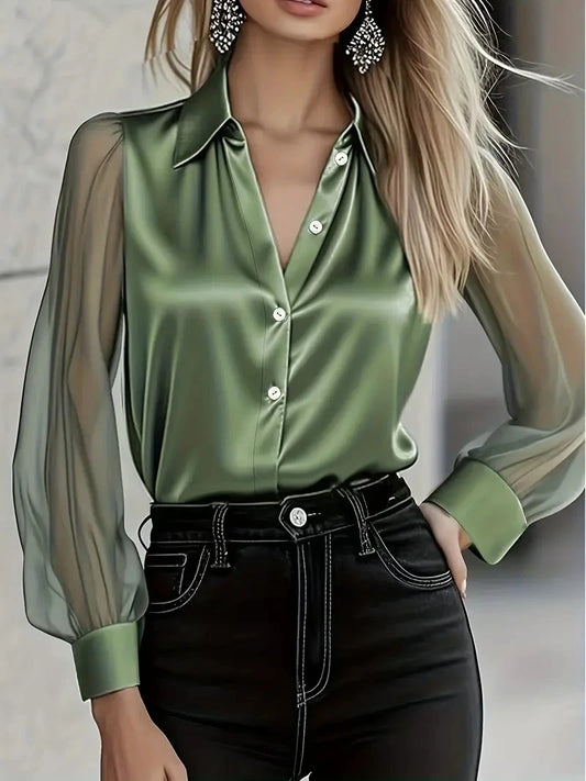 Autumn light luxury high-end long-sleeved versatile age-reducing satin shirt for women