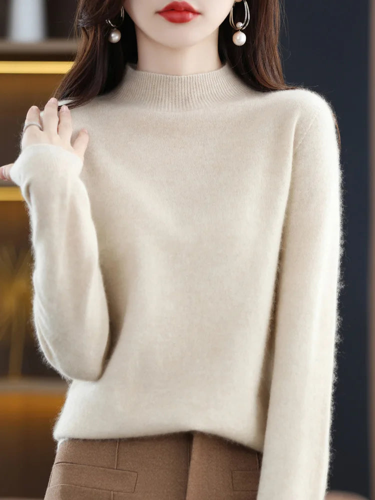 Fashion 100% Wool Sweater Women's Mock-Neck Knitwear Cashmere Pullovers Autumn Winter Long Sleeve Jumpers Clothing Tops