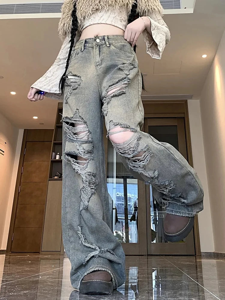 Y2K Hole Jeans Women Streetwear Vintage High Waist Loose Trousers Fall New Hip Hop Harajuku Bf Gothic Retro Wide Leg Denim Pant