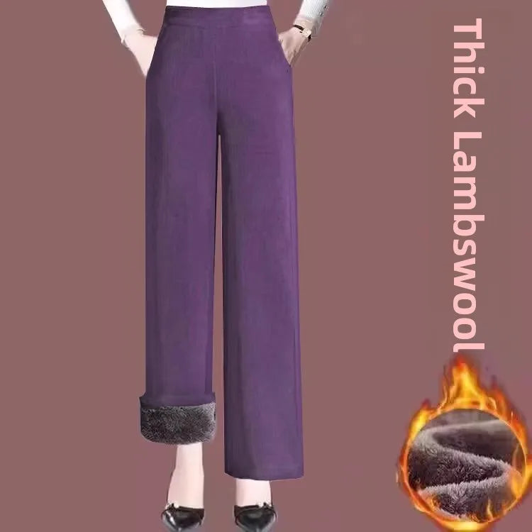 Thickened Fleece Autumn Winter Corduroy High Waist Wide Leg Pants Women's Fashionable And Warm Trousers for Middle-Aged And E...