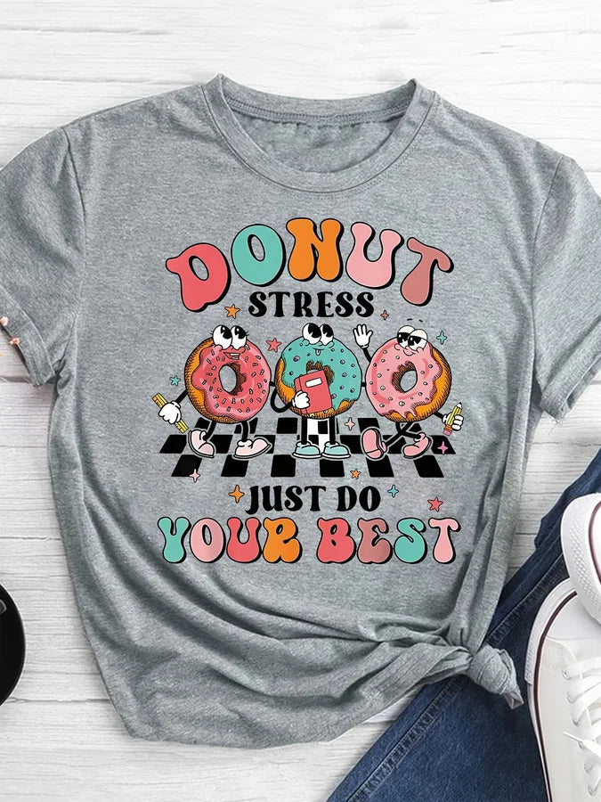 Cartoon Donut Print T-shirt, Short Sleeve Crew Neck Casual Top For Summer & Spring, Women's Clothing
