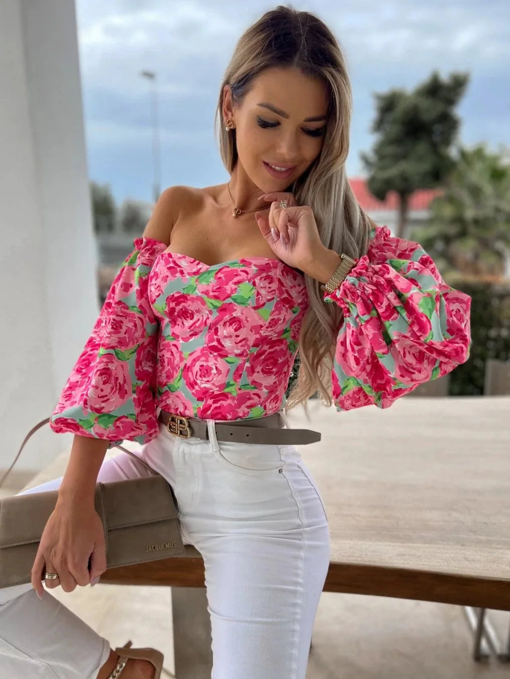 Women Off Shoulder Floral Print Blouse Long Puff Sleeve Crop Top