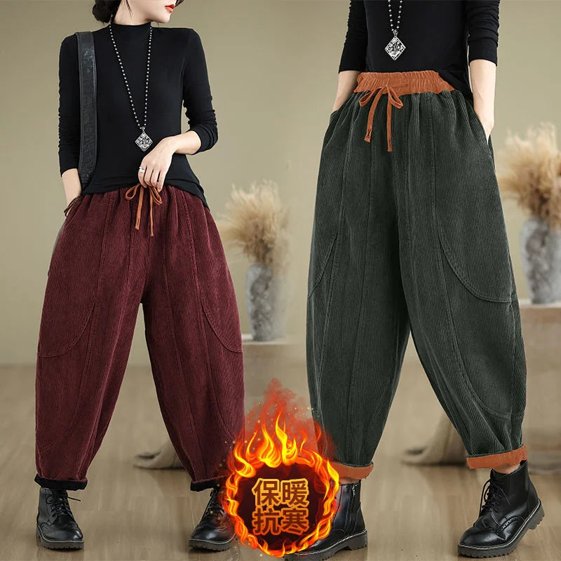 Corduroy Bloomers Women Loose Harlan New Elastic Waist Warm Retro Trousers Autumn Winter Fashion Big Pocket Wide-Leg Pants