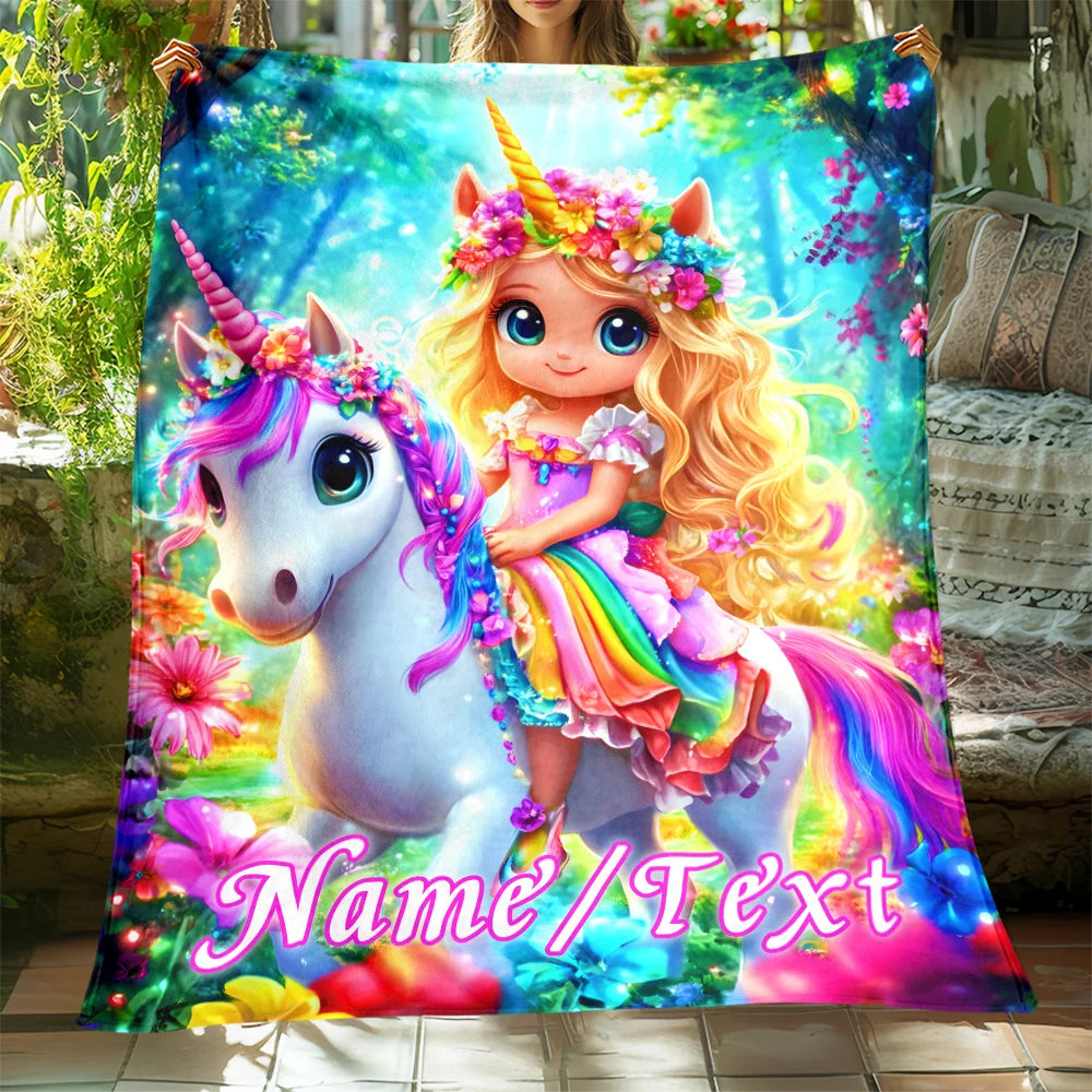 1 customized blanket depicting a cute girl riding a white horse, designed for portability. This lightweight flannel blanket