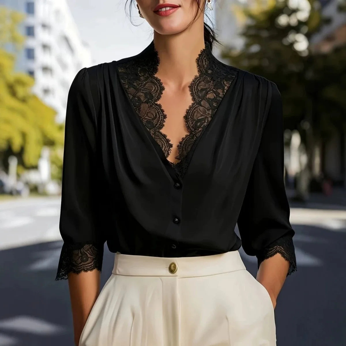 Women Lace Trim V Neck Blouse Three Quarter Sleeve Front Button Pleated Elegant Casual Commuter Shirt