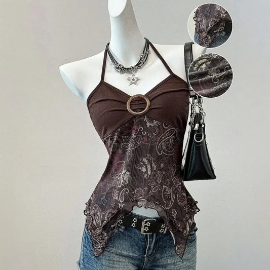 Sexy Spicy Girl Sleeveless Halter Tops Women's Printed Mesh Splice Slim Fit Backless Camisole Summer Fashion Elegant Crop Top