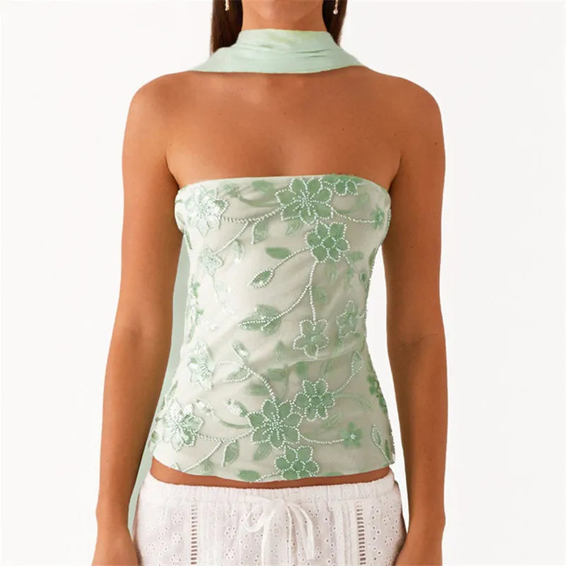 hirigin Women Y2K Sequin Tube Top with Scarf Sexy Backless Pearl Embellished Beaded Cami Bling Glitter Rhinestone Camisole
