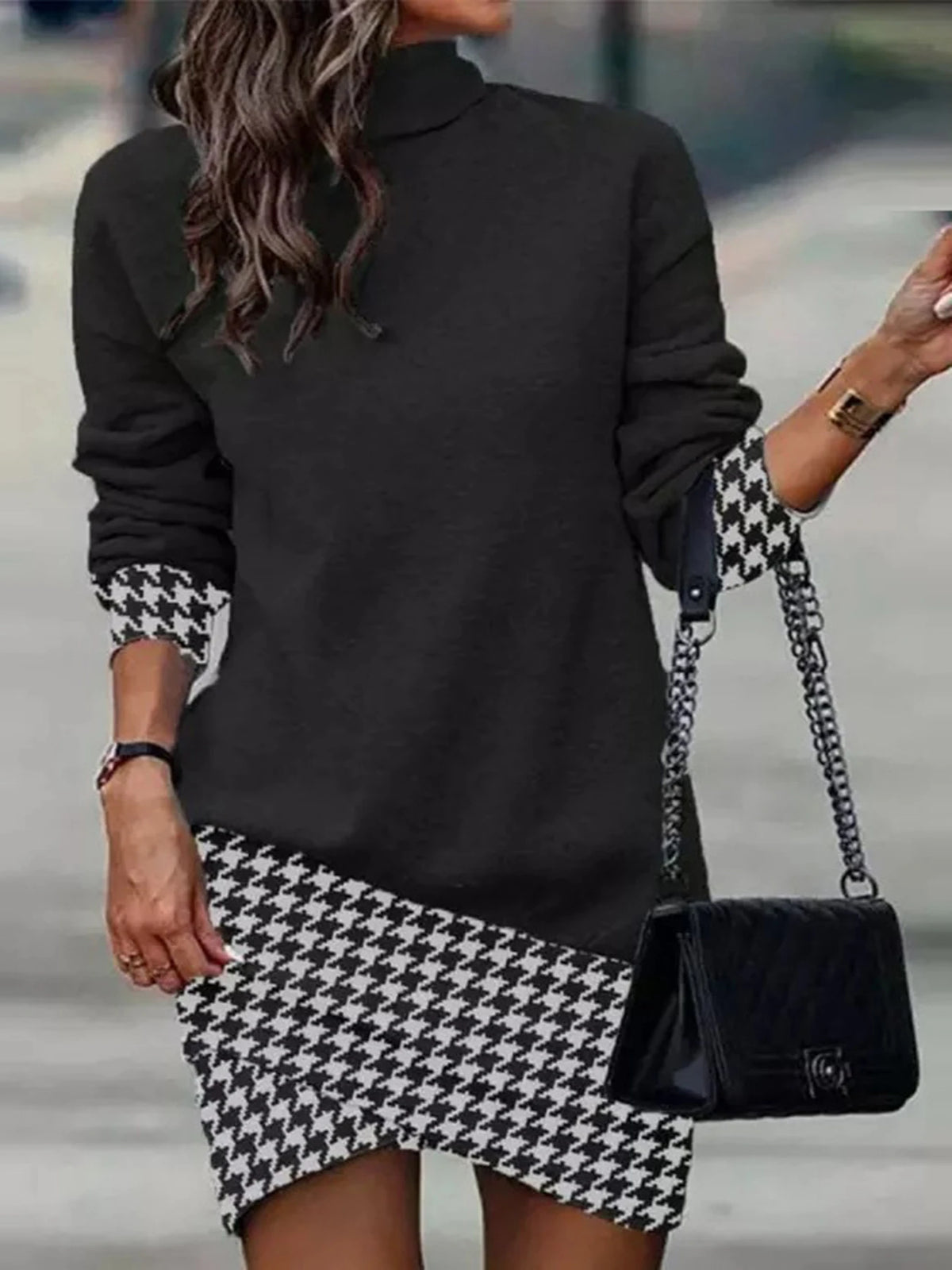 Women Abstract Print Long Sleeve Tunic Dress Round Neck Casual Bodycon Mini Dress
