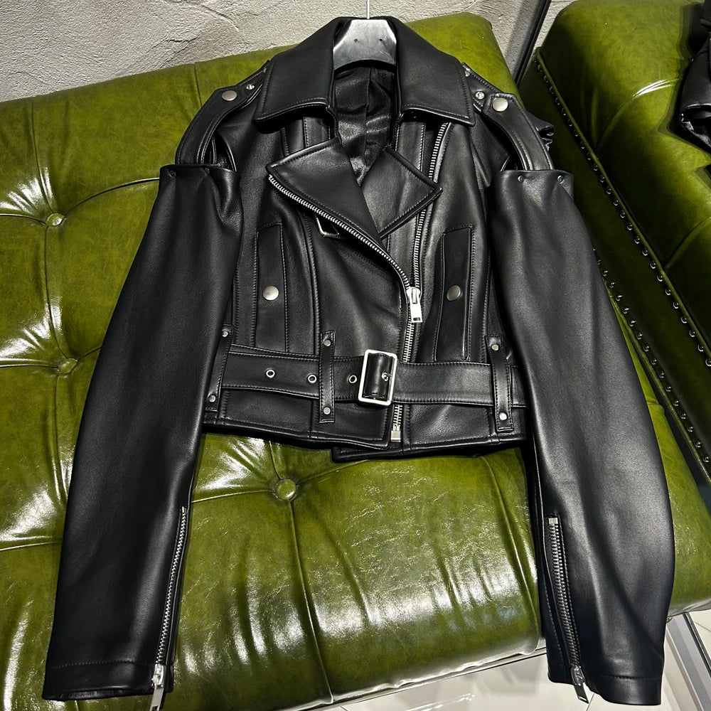 Real Leather Jacket Women Vintage Black Leather Jacket Cropped Jacket With Belt Spring