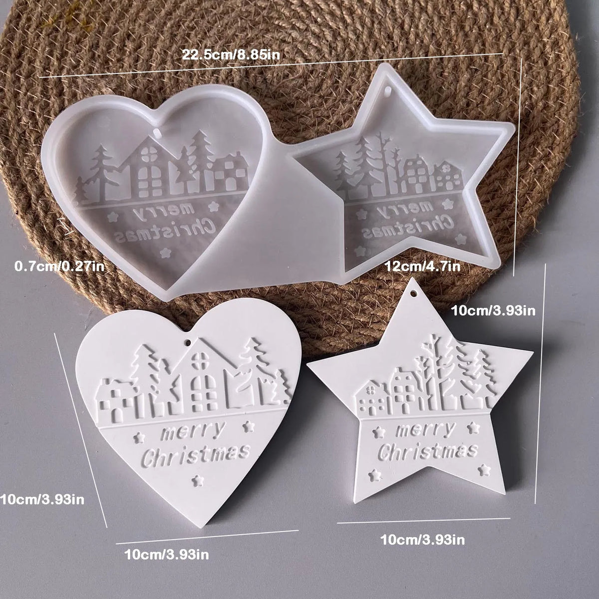 1pc Christmas Heart Round Tree Star-Shaped Hanging Ornament Silicone Mold DIY Cement Plaster Clay Craft for Home Decor Gift
