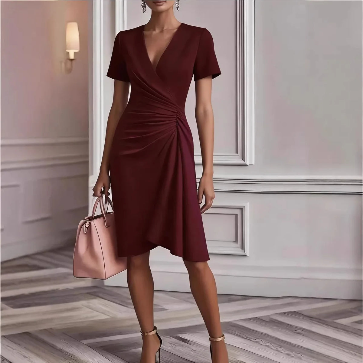 V neck Short Sleeve Midsection Twist Ruched Draped Asymmetrical Hem Midi Dress