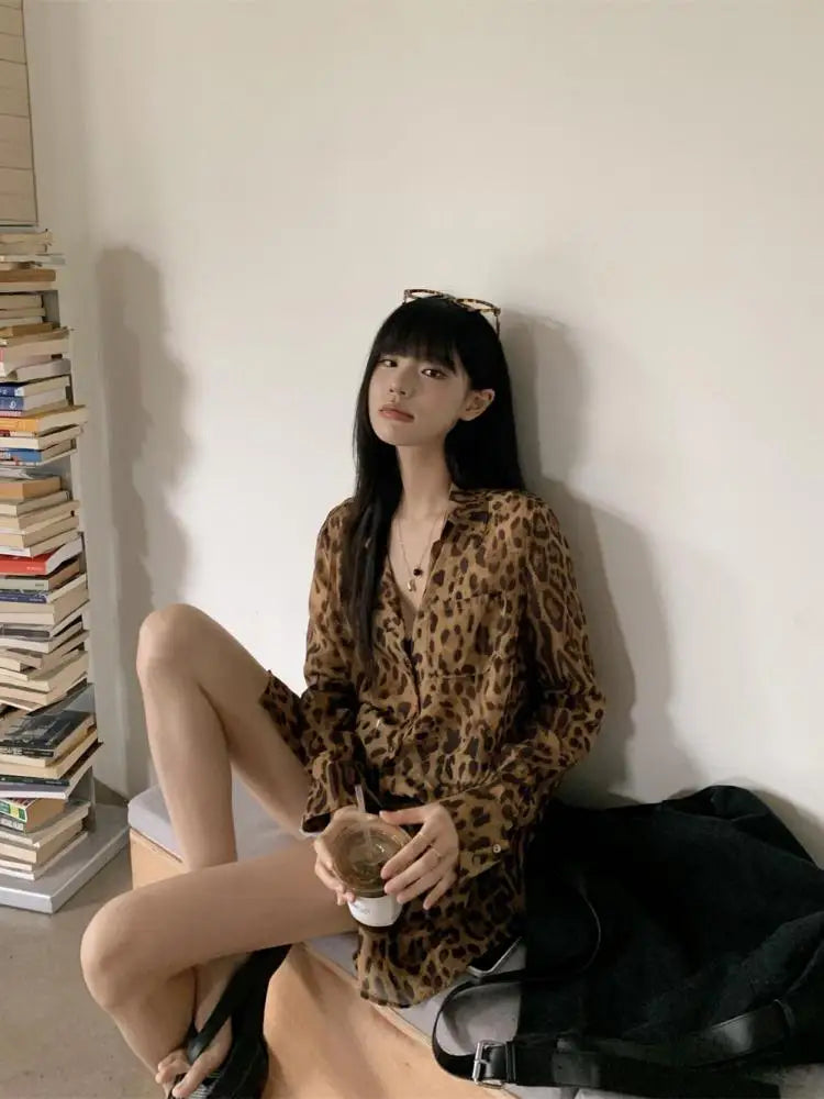 Seeslim Hotsweet Leopard Chiffon Shirt Women Button Up Single Breasted Long Sleeve Autumn Tops 2000s Y2k Shirts And Blouses Chic