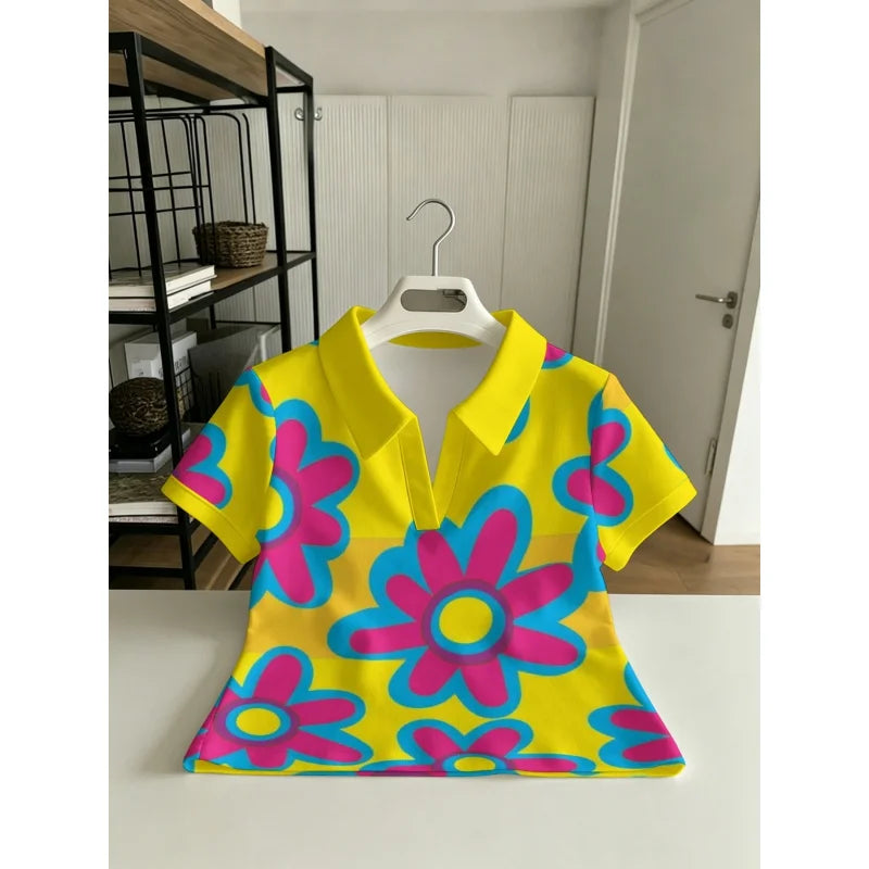 2026Women's Collared Versatile Shirt Without ButtonsYellow Orange GraphicsFashionable Commuting Versatile Top