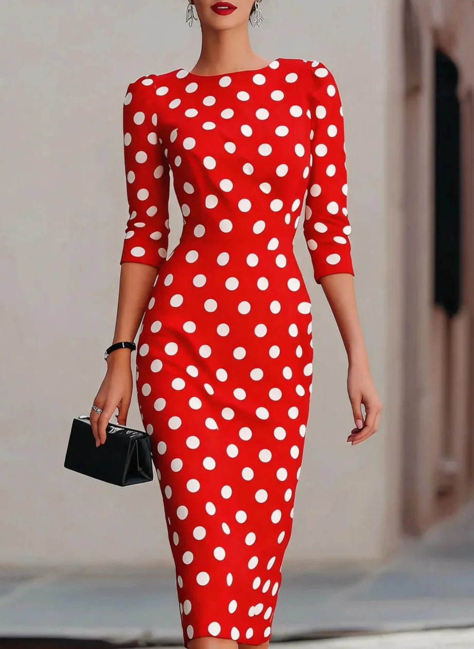 Round Boat Neck Padded Shoulder Three Quarter Sleeve Polka Dot Midi Pencil Dress Elegant Office Party Knee Length Sheath Gown