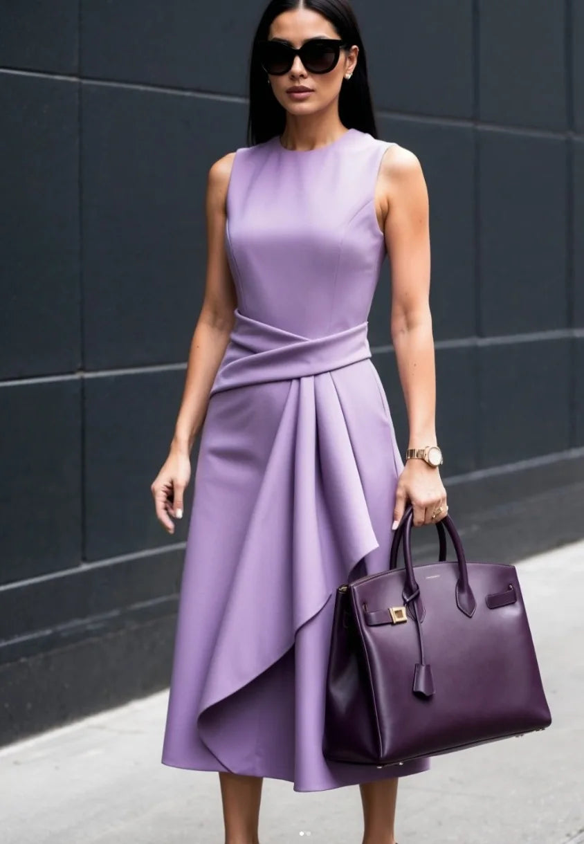 Women Sleeveless Round Neck Midi Dress Asymmetric Ruffle Waist Elegant Party Office Lady Fashion Summer