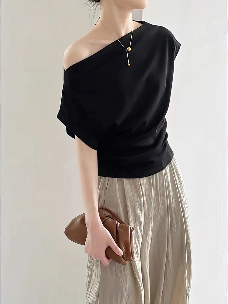 Korean Elegant Summer Off shoulder Top Women One shoulder Loose Casual Short sleeve T shirt Fashion Basic Blouse Lady Spring Sum
