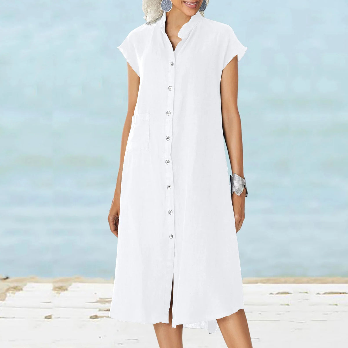 Fashion Loose Shirt Dress 2026 Summer Women's Casual A-line Midi Dress Solid Color Pockets Short Sleeved Dresses Buttons Clothes