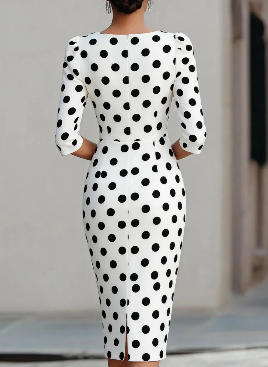 Round Boat Neck Padded Shoulder Three Quarter Sleeve Polka Dot Midi Pencil Dress Elegant Office Party Knee Length Sheath Gown