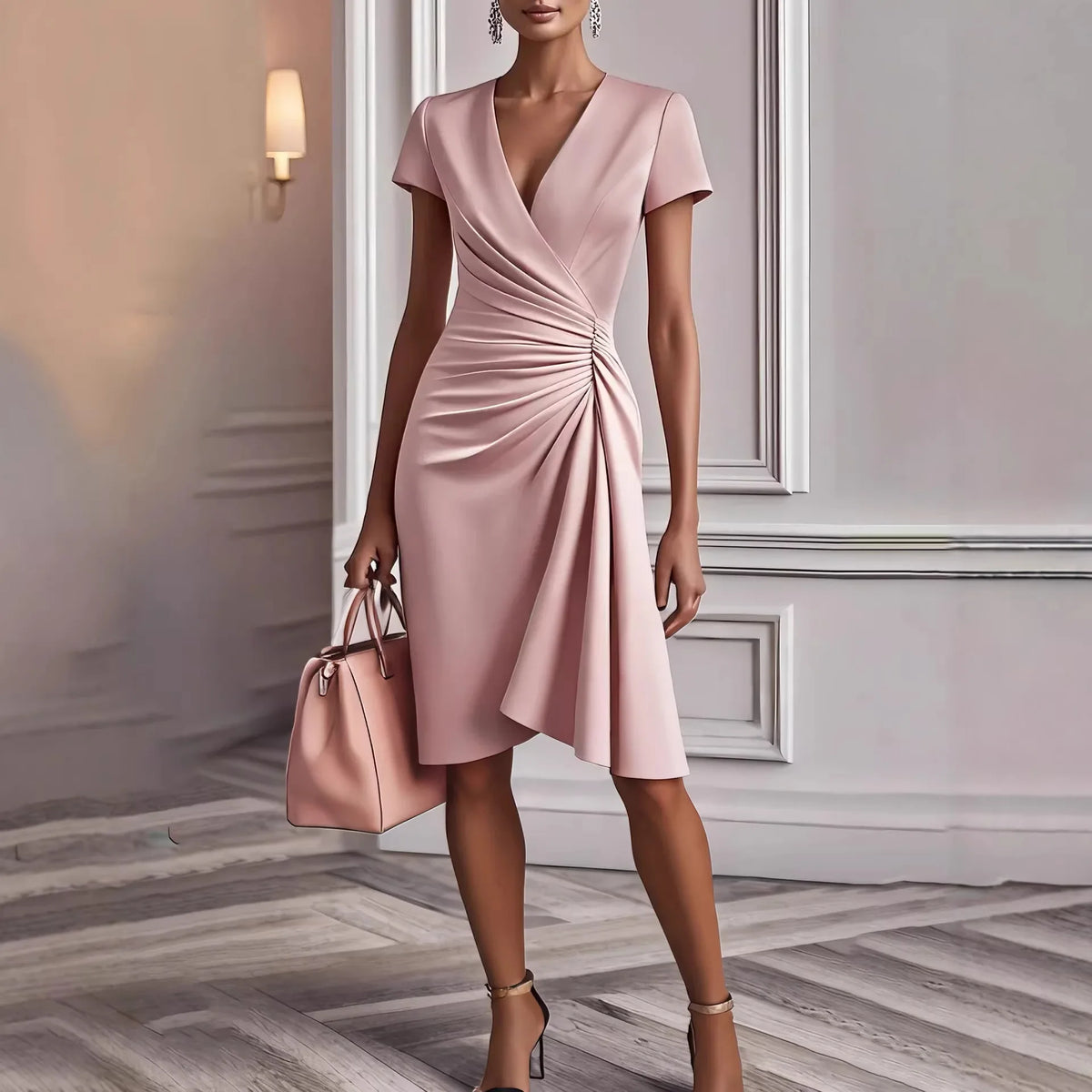 V neck Short Sleeve Midsection Twist Ruched Draped Asymmetrical Hem Midi Dress