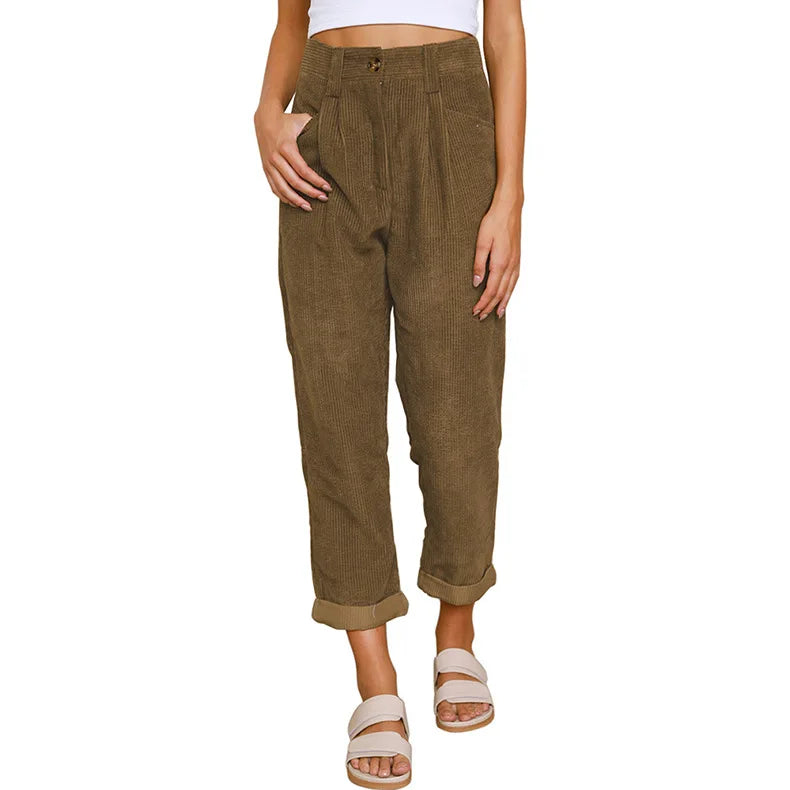Women's 2025 Fall Corduroy Pants - High Waist Relaxed Straight Leg Trousers, Solid Color Casual Lounge Pants