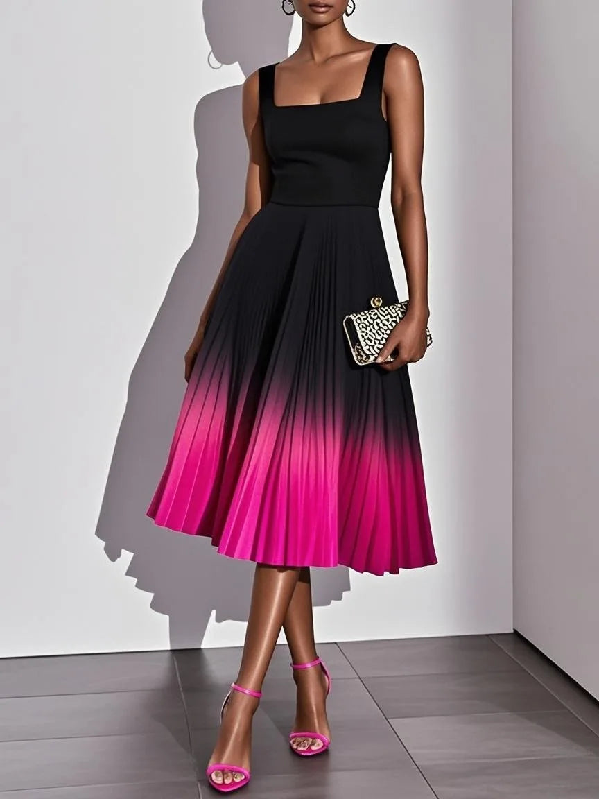 Square Neck Ombre Pleated Midi Dress