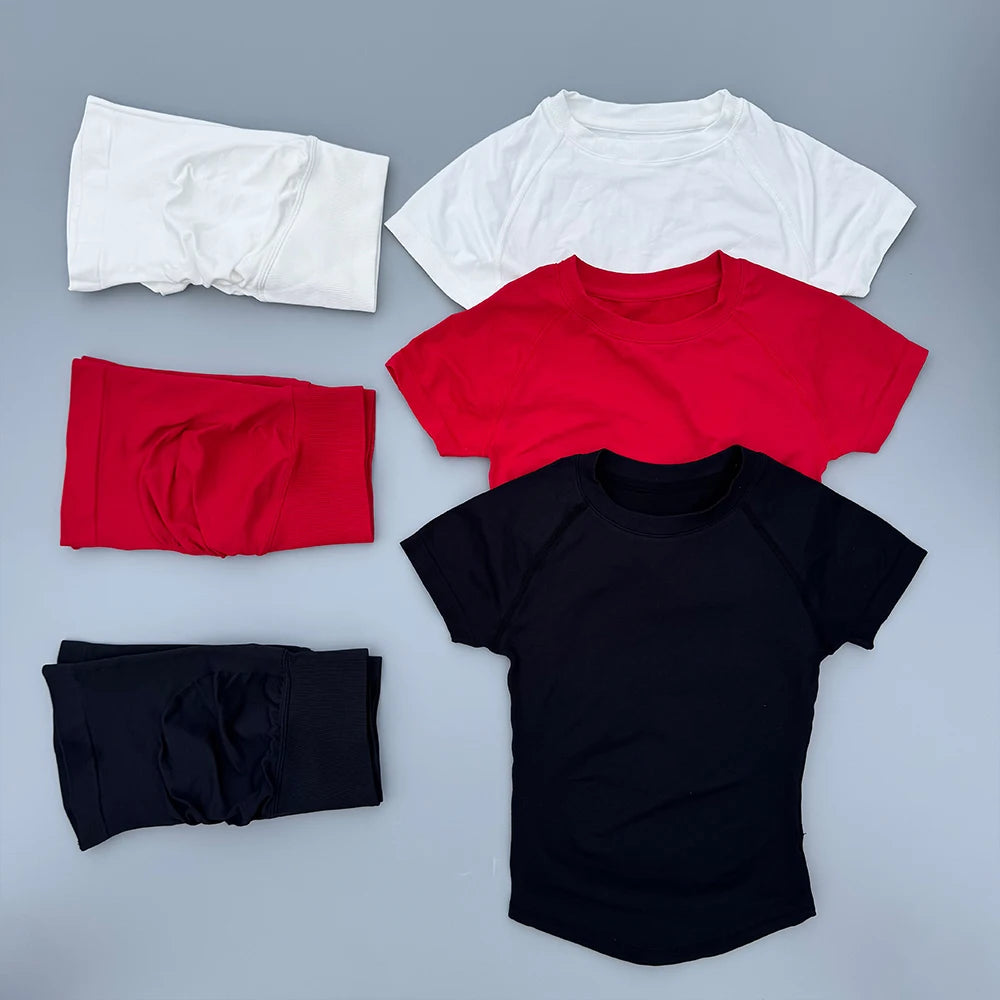 2 Pieces Sports Sets Short Sleeve Seamless Yoga Top Fitness Set Women Workout Running Sports Shorts Gym Suit
