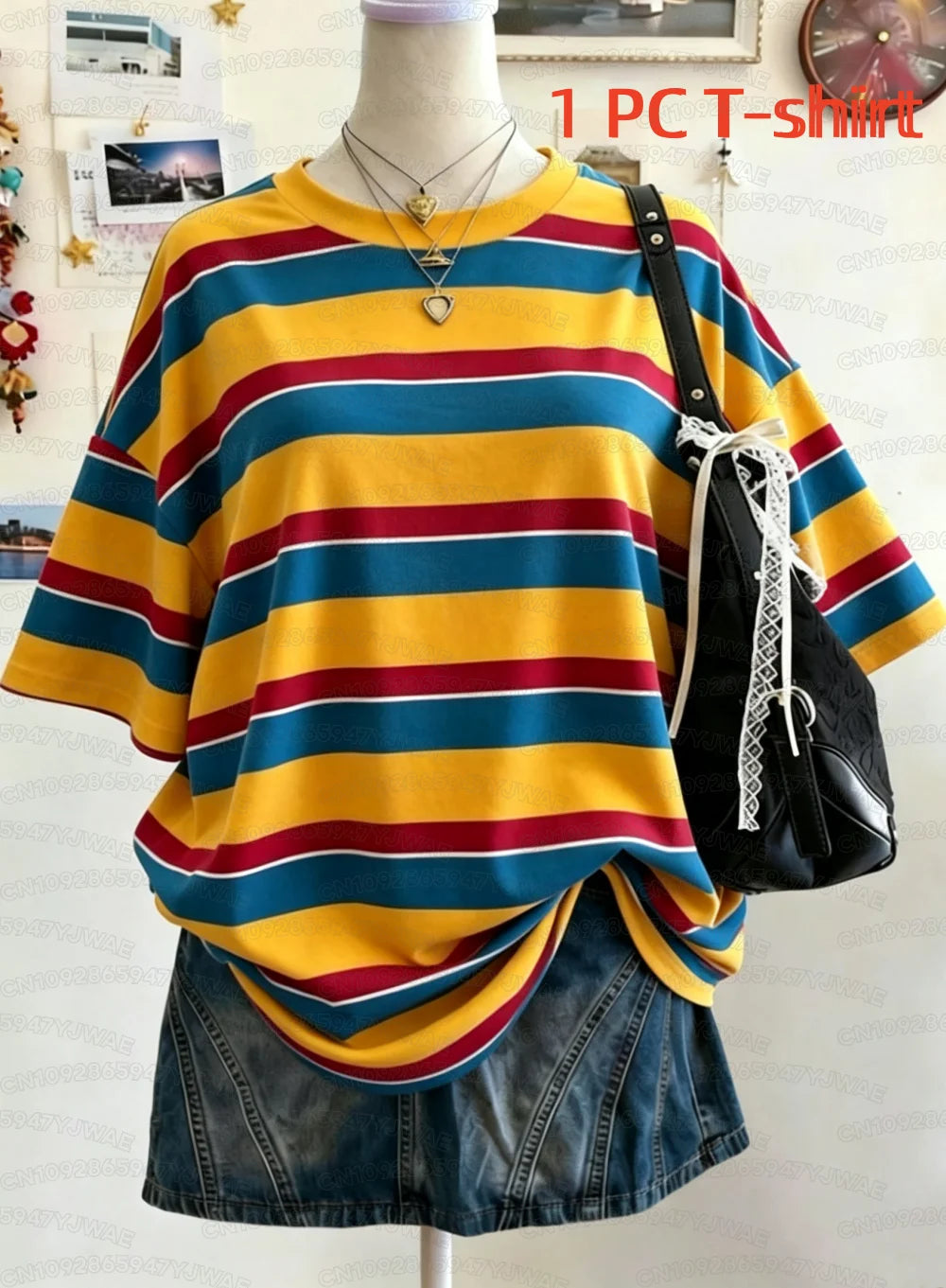 Summer Y2K Striped Print Casual Oversized Round Neck Drop Shoulder Women Short Sleeve T-shirt Street Casual Sports Top