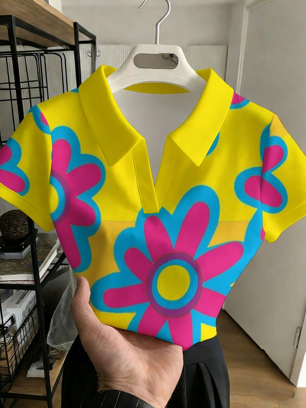 2026Women's Collared Versatile Shirt Without ButtonsYellow Orange GraphicsFashionable Commuting Versatile Top
