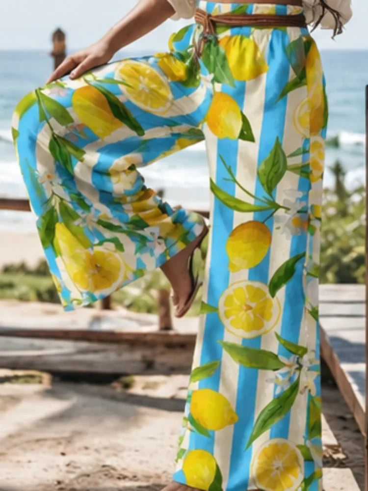 2026 New Style Women's Printed Wide Leg Pants, Blue and White Stripes, Lemon Flower Pattern, Drawstring High-Waisted Baroque Pants. Fast Shipping from the US Warehouse. Suitable for Summer Bohemian Beach Outdoor Vacation and