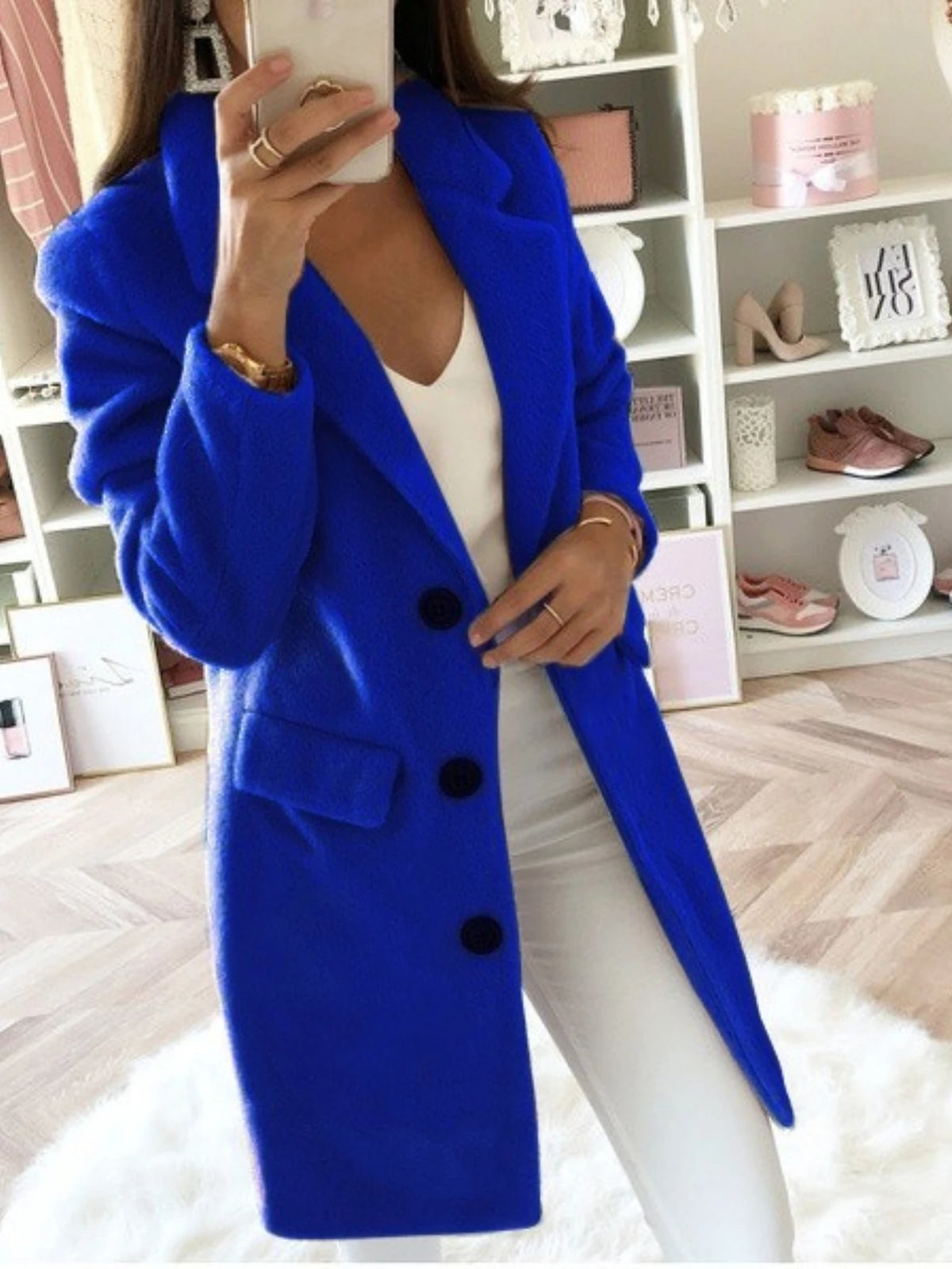Women Notched Lapel Single Breasted Wool Blend Coat Long Sleeve Pocket Loose Mid Length Overcoat