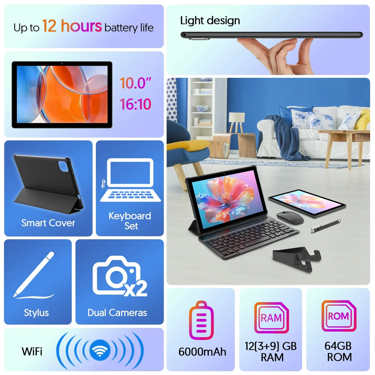 2026 Model (Upgraded Version) | 10.1-inch Android 16 Tablet | Quad-core Processor | 12GB (3GB + 9GB) RAM + 64GB ROM | Wi-Fi 6
